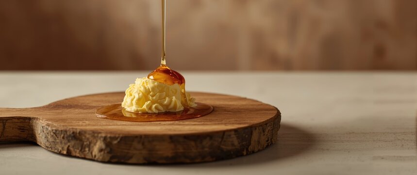 Food trend copyspace header with butter spread and pecan honey topping on wood board