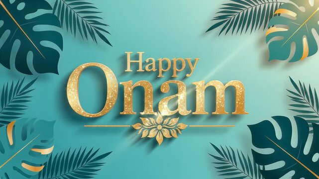 Animated happy onam greeting with gold glitter and tropical leaves. 4K Video