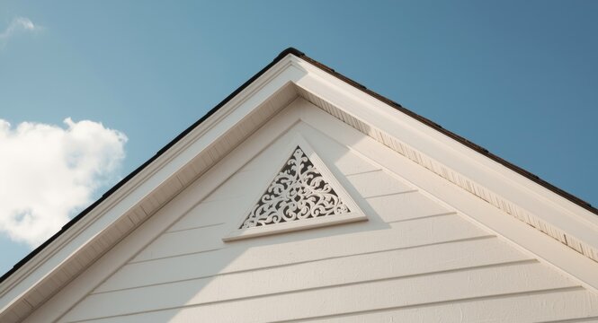Detailed view of a white triangular gable vent with ornate trim on a fresh single-family residence