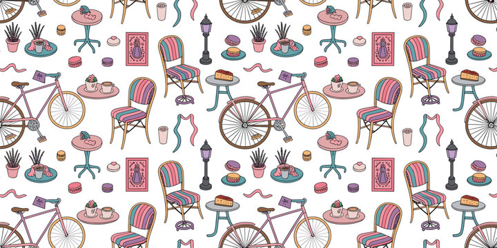 Romantic French cafe seamless pattern vector background featuring vintage bicycle bistro chairs tables macarons coffee cake and street lamps