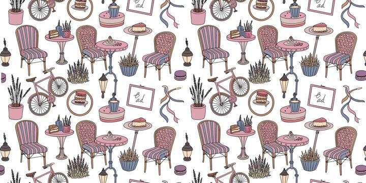 Romantic French cafe seamless pattern vector background featuring vintage bicycle bistro chairs tables macarons coffee cake and street lamps