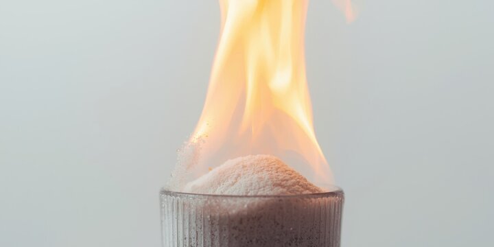 Close up of baking powder and sugar burning reaction producing flame in lab crucible on white background