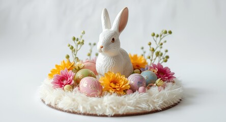 Obraz premium Festive Easter setup featuring ceramic bunny lagurus flowers and eggs on a round mat with white background