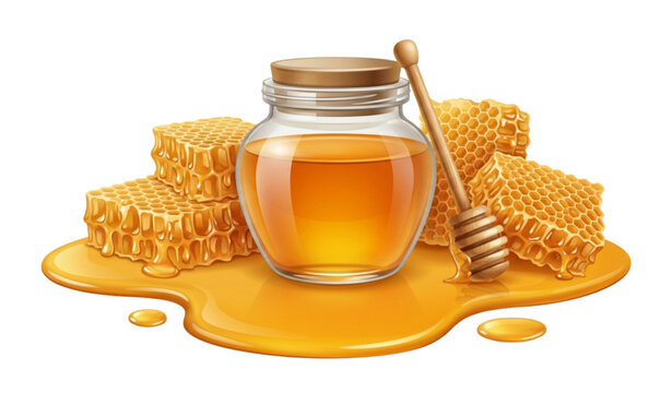 Glass honey pot vector illustration with honeycombs and golden sticky honey puddle