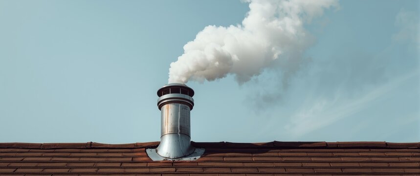 Environmental impact shown by smoke from stainless steel chimney pipe on rooftop with clear sky