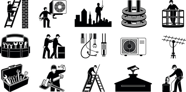 Air conditioner technician and industrial maintenance repairman service icon set black and white flat vector illustration isolated on white background
