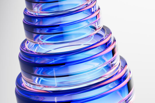 3D spiral glass tower with blue pink digital highlights