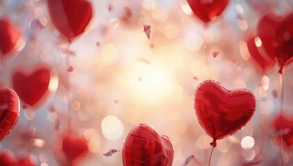 Obraz premium Collection of red heart balloons floating on a dreamy and colorful bokeh background for celebrations