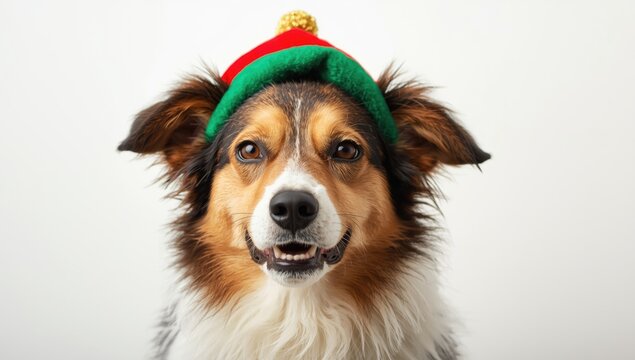 Festive mongrel dog sporting a unique bah humbug hat on a plain white background
