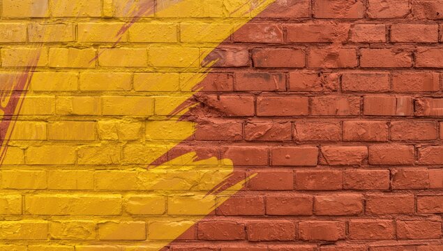 Detailed close up of classic red brick surface featuring artistic yellow and orange paint splashes