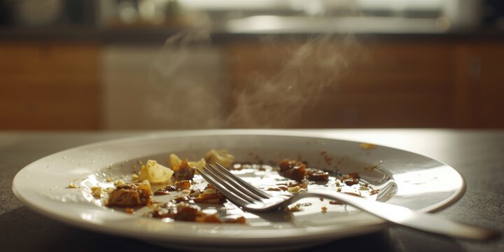 Dinnerware with leftover meal bits and fork