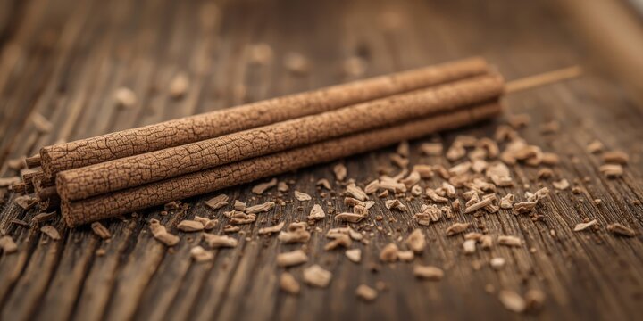 Detailed wood sticks background with incense chips for essential oil fragrance presentation copy space