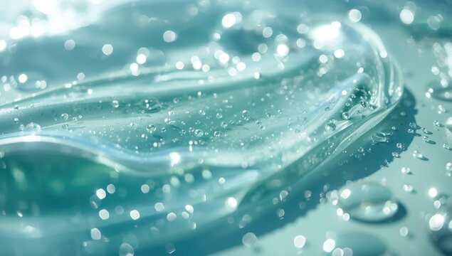 Close perspective of hydration gel with tiny water beads on a shiny surface focusing on beauty product benefits