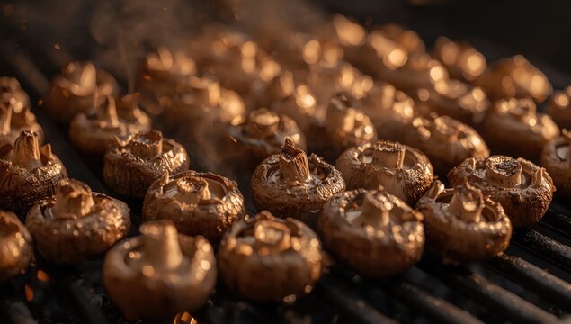 Fresh mushrooms on charcoal grill producing juicy appetizing close image