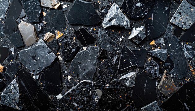 Close-up of Raw Black Obsidian Rock Fragments with Reflective Surfaces.