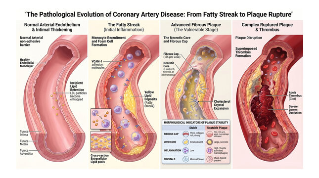 Pathological Evolution of Coronary Atherosclerosis: From Early Fatty Streak and Foam Cell Formation Through  Fibrous Plaque Development to Vulnerable Plaque Rupture, Thrombosis, and Arterial Occlusion