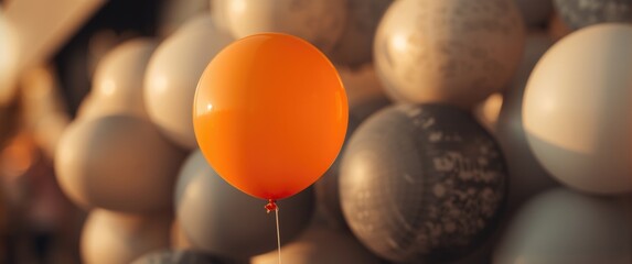Obraz premium Festive celebrations featuring a vivid orange balloon among muted gray and white balloons