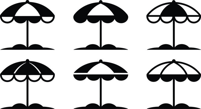 Beach sun umbrella chair black icon set vector sign art