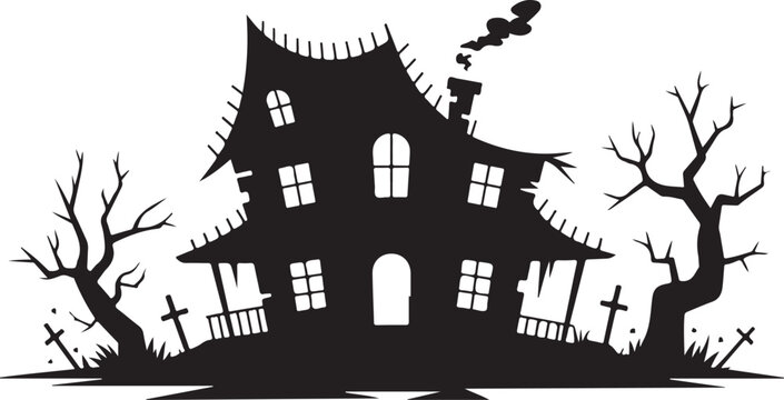 Haunted house silhouette with bare trees and tombstones for halloween, spooky old mansion with crooked roof and chimney, vector illustration