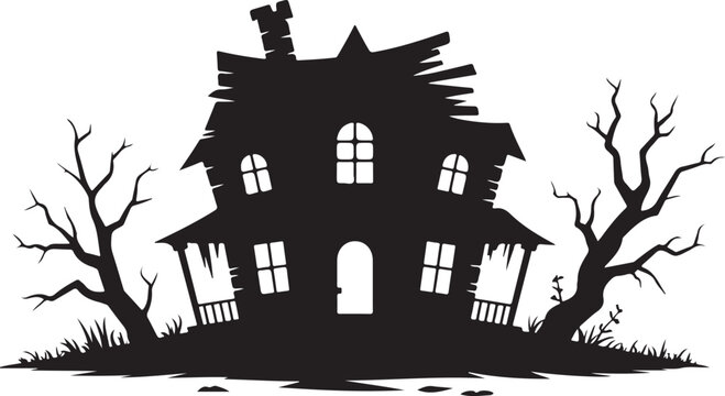 Silhouette of a spooky haunted house with dead trees on a hill, vector illustration for halloween design