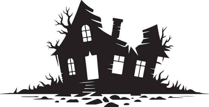 Silhouette of a spooky abandoned haunted house with broken roof and dead trees, vector illustration for halloween design