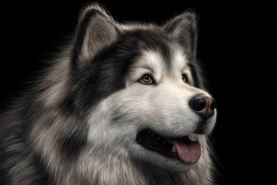 Alaskan malamute dog looking sideways against black background