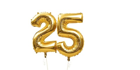 Obraz premium Gold metallic number twenty five balloon on white background suited for celebration events