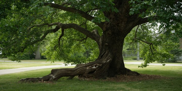 Full grown tree with thick green leaves and a split limb lying on lawn beside a driveway