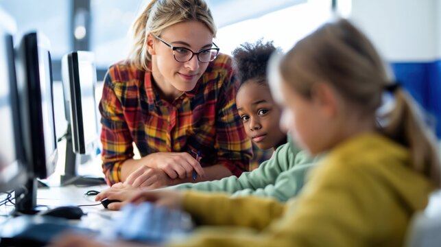 Teacher Helping Students Use Computer in Classroom