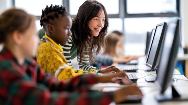 Diverse students using computers in a classroom