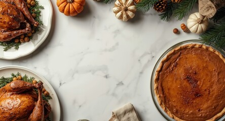 Obraz premium Festive holiday feast with roasted turkey and pumpkin pie on white marble overhead view with copy space