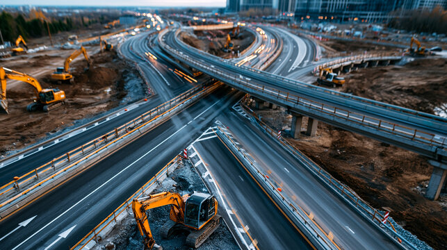 American-style highway crossroads under construction with wide lanes, temporary barriers, unfinished ramps, and heavy equipment shaping a new urban traffic interchange, highway interchange,