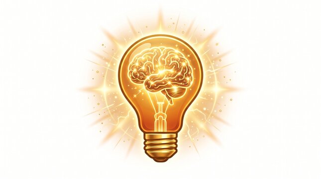Glowing light bulb with human brain inside isolated on white background