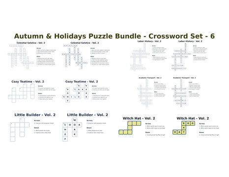 Autumn & Holidays Puzzle Bundle - Crossword Puzzle Bundle SVG Printable Activity Worksheet Set for Kids and Adults School Labor Day Autumn Halloween Family Games Edu