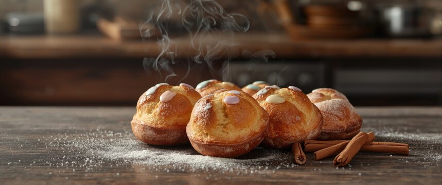 Freshly baked Mexican Conchas sweet bread at bakery with copy space