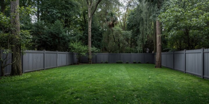 Full view of a lush backyard with green grass and tall trees enclosed by a stylish gray wooden fence