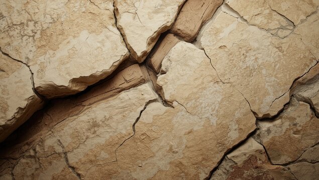 Detailed macro view of a beige bedrock stone wall integrated with wood and composite showing fault line fissures