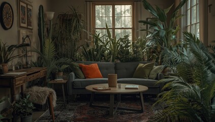 Fototapeta premium Cozy bohemian living room interior with wooden desk gray sofa and decorative plants