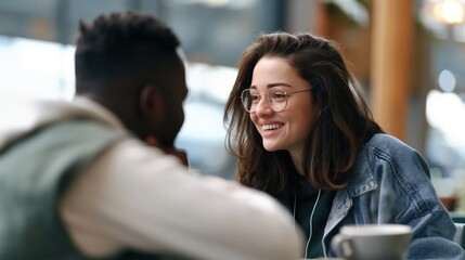 Fototapeta premium Smiling woman talking with man in cafe thumbnail