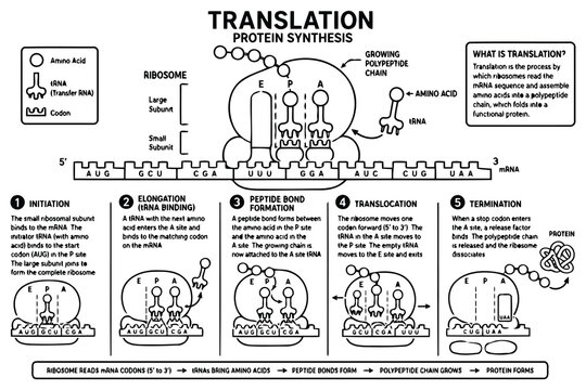 Educational diagram showing the process of protein synthesis Vector