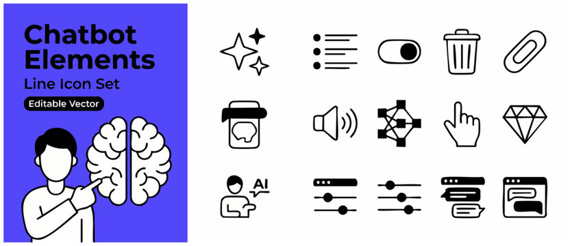 Chatbot Line Icons Vector Set for AI Assistant Designing User Interface and Application Layouts Modern Minimalist High Quality Digital Web Graphic Design Elements including Brain and Chat Symbols