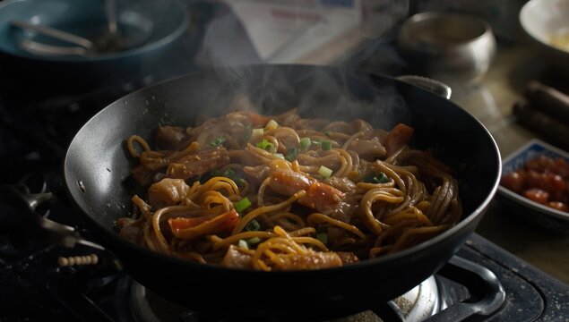 Filipino pansit chow mein cooked with local recipe at home