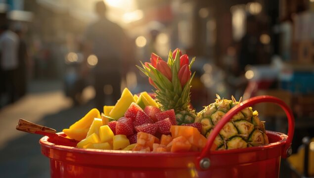 Delicious tropical fruit salad displayed in a bright red container at a street vendor featuring traditional rujak buah