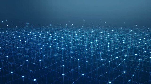 Glowing blue particles connect across a vast digital network representing modern information systems and global connectivity