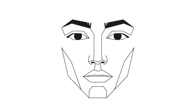 Geometric face illustration with strong lines and defined features.