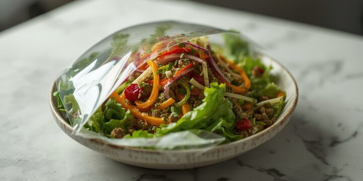 Freshly tossed salad shielded by clear plastic overlay
