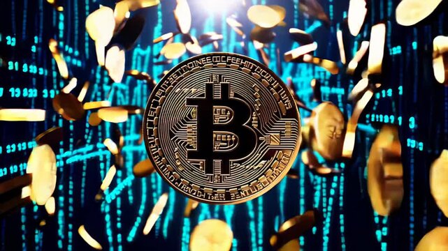 Gold coins are rotating and exploding on digital background with blue data flow, creating a dynamic visual representation of cryptocurrency market volatility and investment opportunities