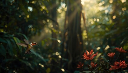 Fototapeta premium Forest wildlife with vibrant hummingbird and red blossoms in jungle setting
