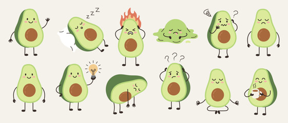Fototapeta premium Cute avocado mascot character set with different emotions and activities. Hand drawn doodle style illustration. Healthy food, vegan lifestyle, mental health and self care concept. Cozy kawaii vector s