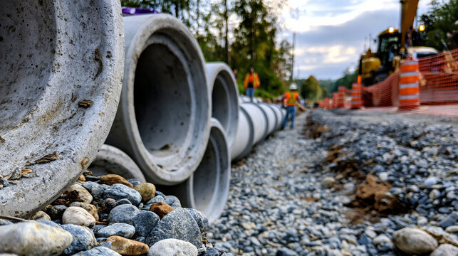 Concrete culvert sections stacked beside a road construction trench, workers preparing drainage installation with gravel bedding and safety fencing, culvert sections, road drainage,